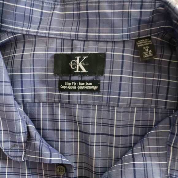 Calvin Klein Men's Dress Shirt Sz 2X Blue with Blue Plaid Long Sleeve Slim Fit - Picture 4 of 8